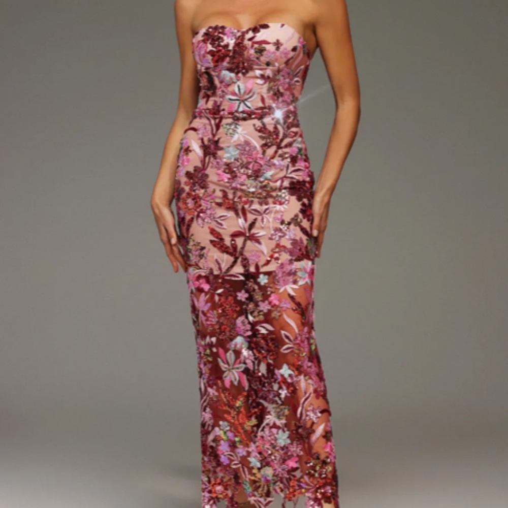 NWT - Bella Barnett Lilya Off-the-Shoulder Embroidery Sequin Maxi Dress